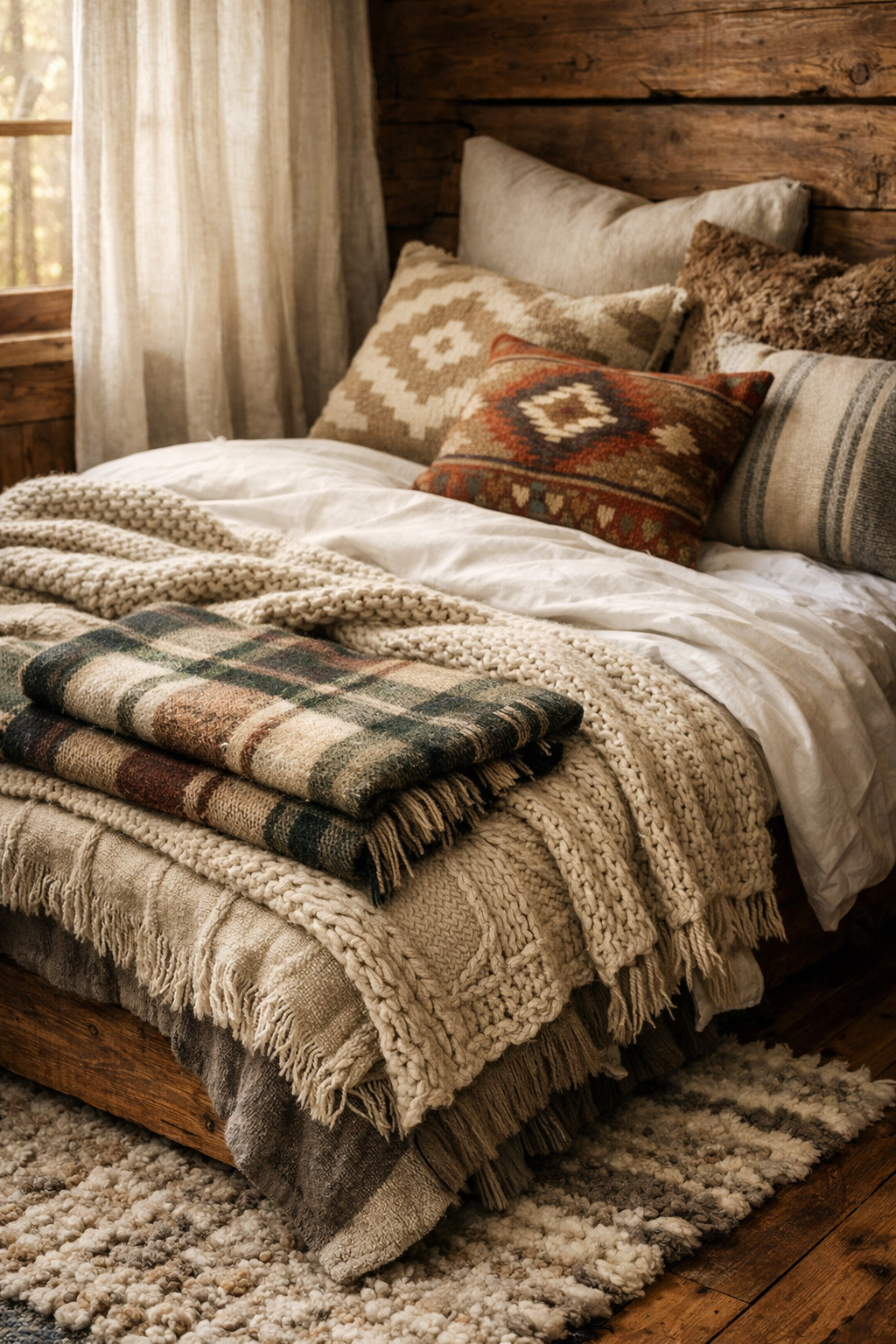 Layering for Warmth Textiles and Fabrics in a Cozy Cabin Interior
